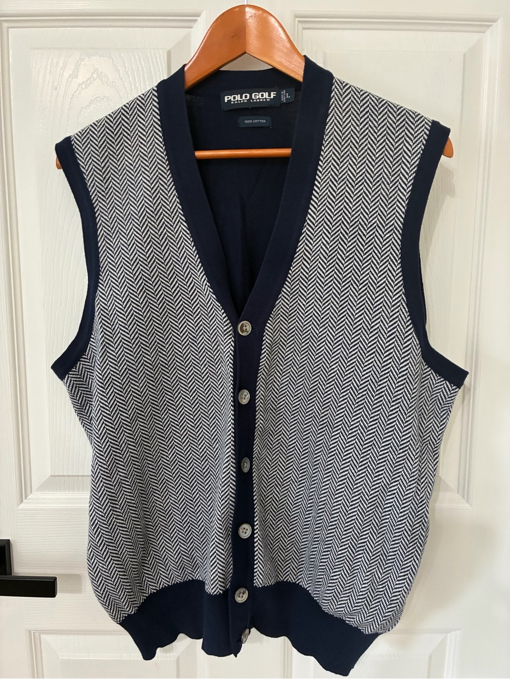 Ralph Lauren Polo Golf Navy and White Herringbone button up Vest, country club